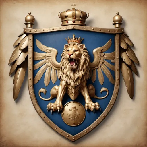 Prompt: Create a highly realistic version coat of arms. The design should include the following elements: a Chalcidian helmet at the top, the four quadrants within the shield with their respective symbols (top left: lion, top right: castle, bottom left: ship, bottom right: royal eagle), a Greek warrior on the left outside of the shield, and a banner at the bottom with the inscription. The style should be lifelike, with intricate details and textures resembling a real ancient artifact. The background should maintain an aged, parchment-like appearance, but with enhanced clarity and depth to bring out the vividness and realism of the coat of arms.
