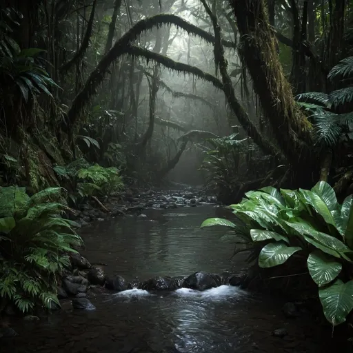 Prompt: Dark rainforest stream