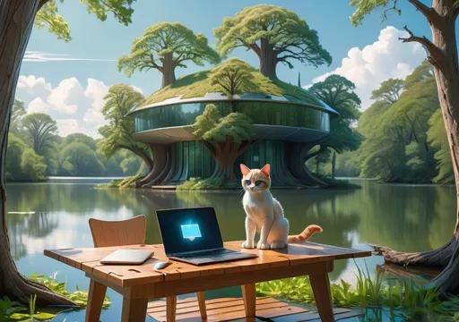 Prompt: Big lake which is surounded with high oaks and over oaks are located high futuristic buildings. In the center of the lake is placed a wooden table with laptop and over the table is sitting cat who learns something. The weather is sunny and the sky is almost cloudless.