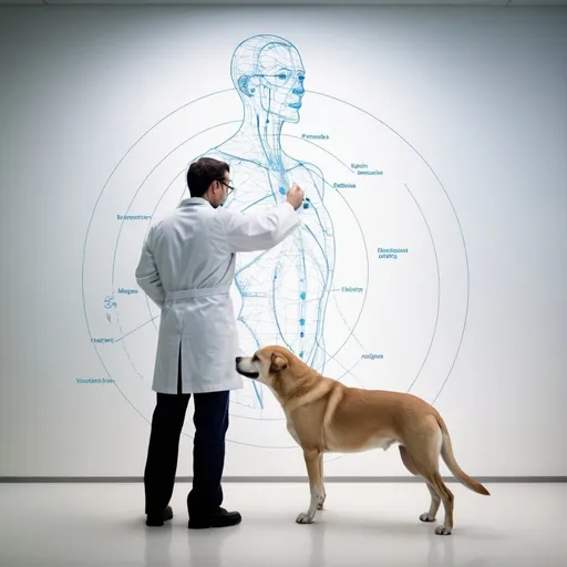 Prompt: Create an image of a veterinarian observing the meridian pathways within the figure of a dog.