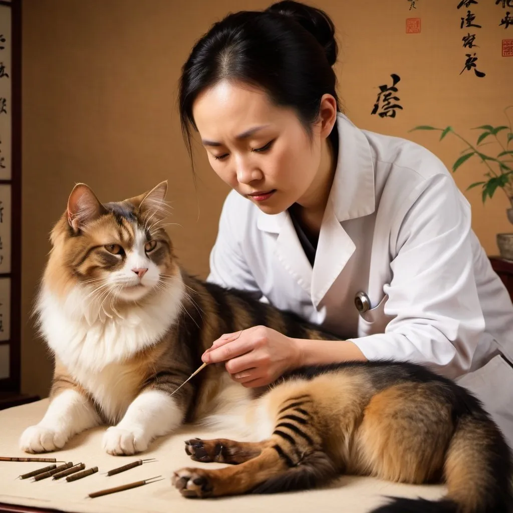 Prompt: Veterinarian treating a dog or cat with Traditional Chinese Medicine meridians, acupuncture needles and moxibustion, detailed fur and facial features, high quality, traditional Chinese painting, warm earthy tones, gentle lighting, focused on acupuncture techniques, holistic medicine, detailed eyes, natural materials, professional, tranquil atmosphere