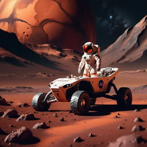 Prompt: (Astronaut on the surface of Mars), (working with a passenger vehicle), stunning Martian landscape, rich red and orange hues contrasting against dark starry background, dramatic shadows highlighting rugged terrain, atmosphere of exploration and discovery, high-detail textures, (distant Earth visible in the sky), ultra-detailed, cinematic style, vivid, immersive experience, (Argentina flag insignia), sense of isolation yet determination, showcasing human ingenuity on alien soil.