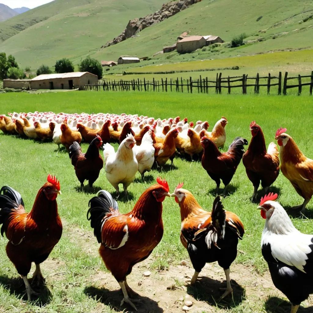 Prompt: gallinas ponedoras , comiendo forrajes hidropónicos fuera de corrales  , en una granja y muy realista y natural