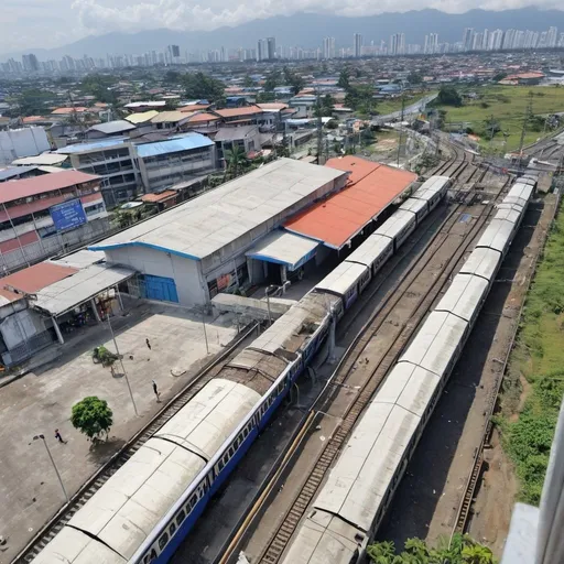 Prompt: Bird’s eye view of Valenzuela NSCR Station at Valenzuela city metro Manila along the north western main line circa August 2023