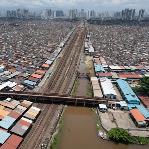 Prompt: Bird’s eye view of Solis Street Station at tondo Manila along the north western main line circa August 2023