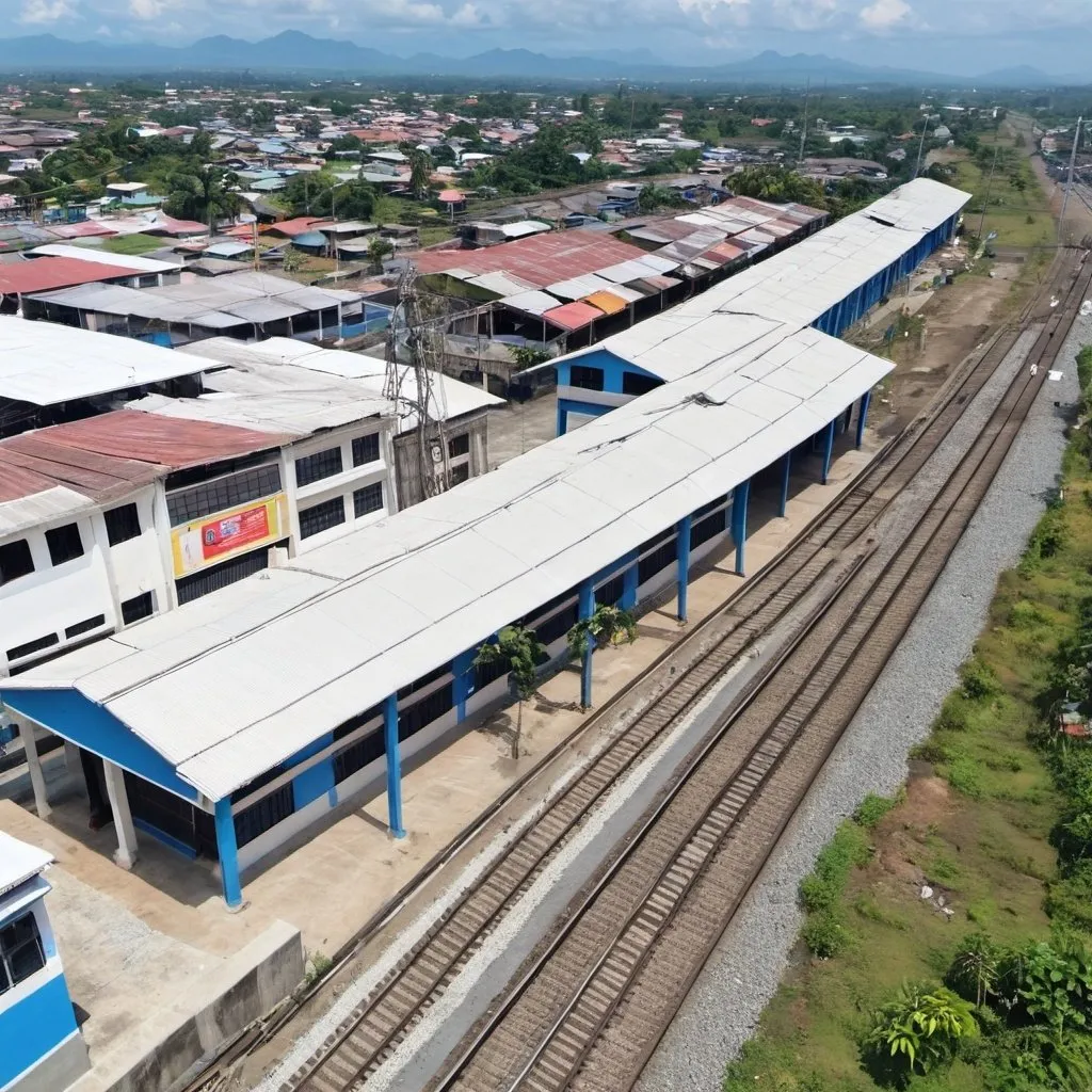 Prompt: Bird’s eye view of Malolos NSCR Station at Malolos city Bulacan along the north western main line circa August 2023