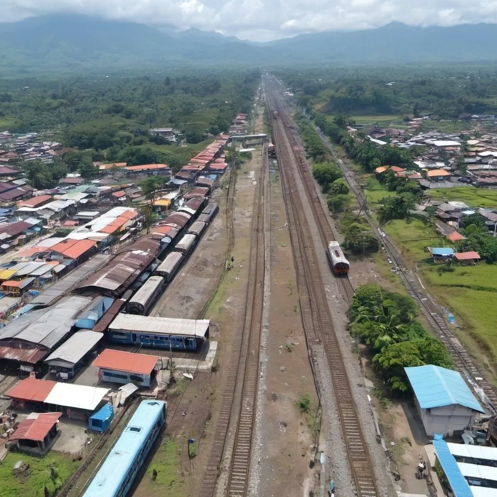 Prompt: Bird’s eye view of Taal Station at Bocaue Bulacan along the north western main line circa August 2023