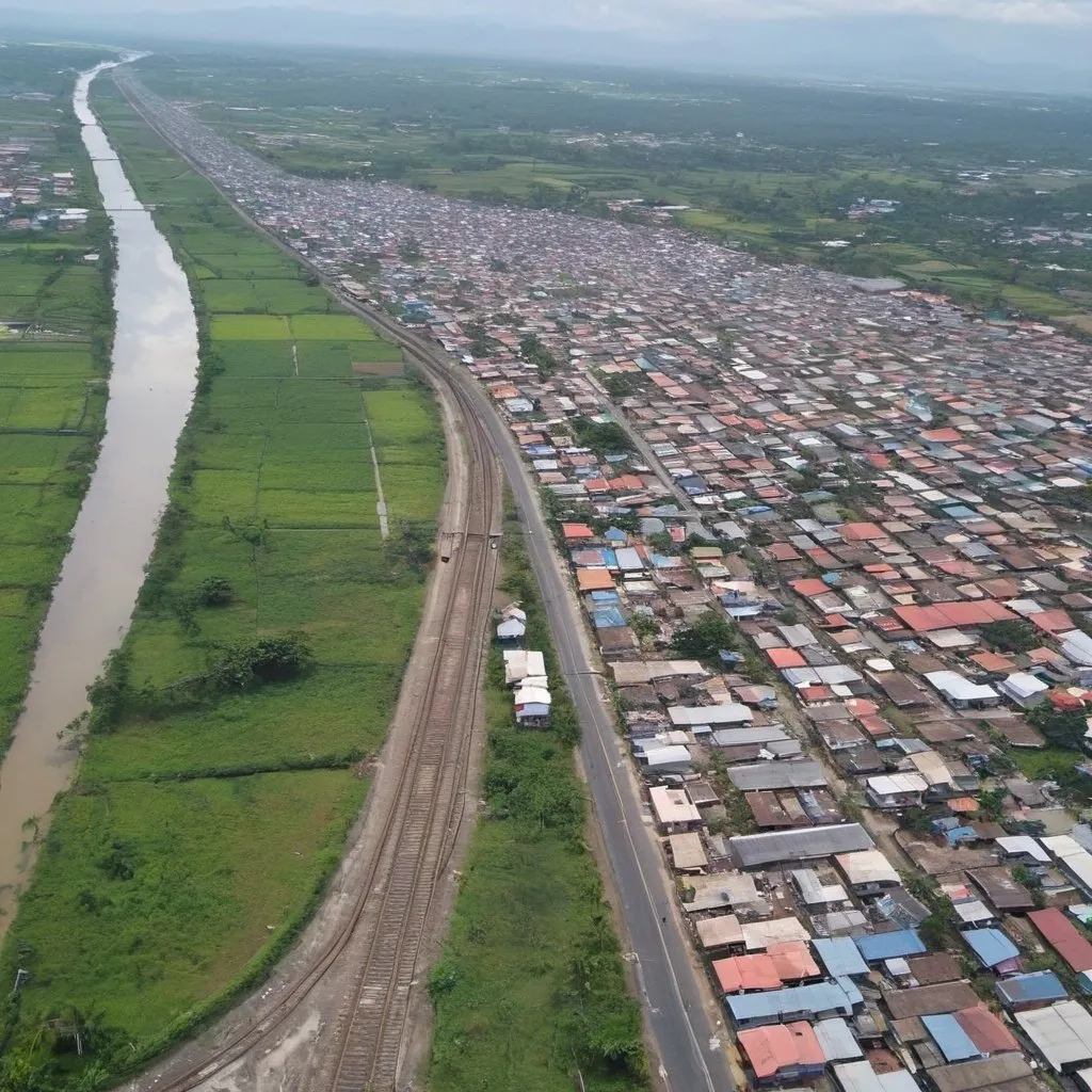 Prompt: Bird’s eye view of college Station at Malolos city Bulacan along the north western main line circa August 2023