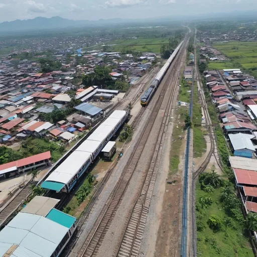 Prompt: Bird’s eye view of Meycuayan Station at Meycuayan city Bulacan along the north western main line circa August 2023