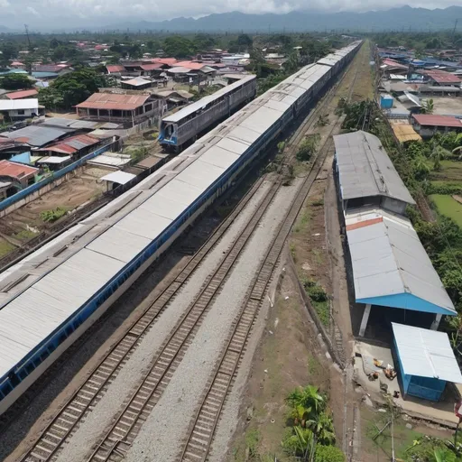 Prompt: Bird’s eye view of San Marcos Station at Calumpit Bulacan along the north western main line circa August 2023