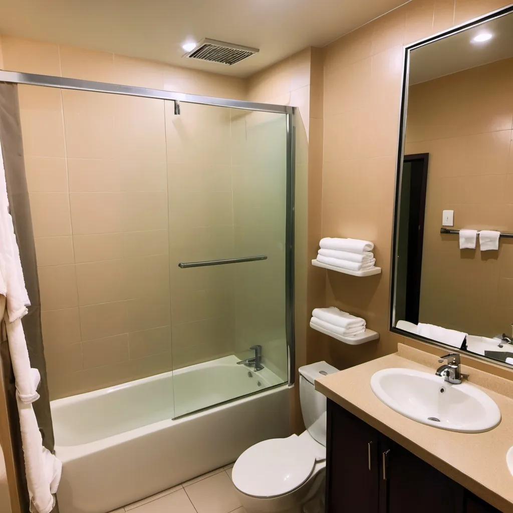 Prompt: Bathroom with toilet, tub and shower at resort at night in Subic circa April 2021