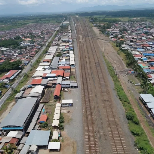 Prompt: Bird’s eye view of Santa Isabela Station at Malolos city Bulacan along the north western main line circa August 2023