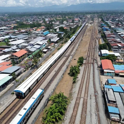 Prompt: Bird’s eye view of San Fernando Station at San Fernando City Metro Pampanga along the north western main line circa August 2023