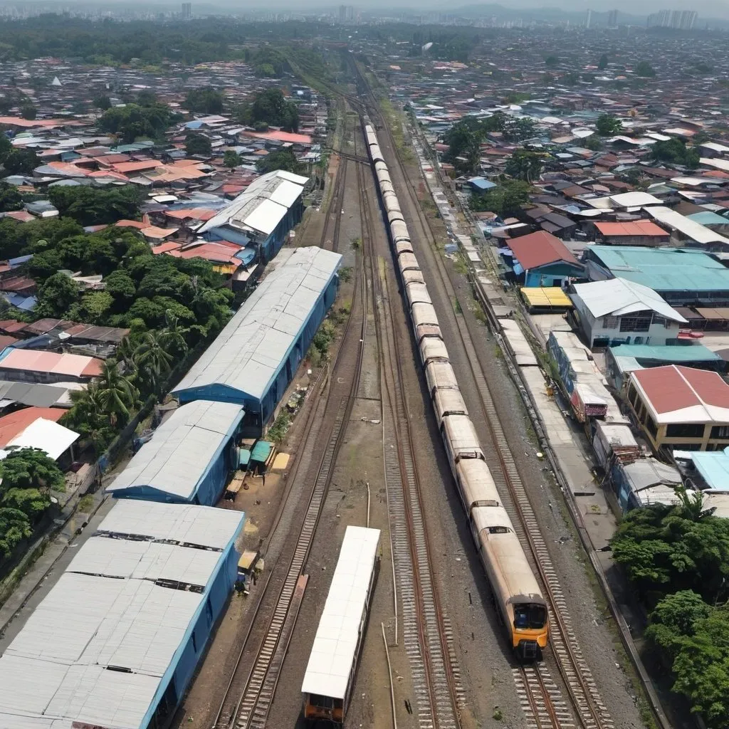 Prompt: Bird’s eye view of Caloocan Station at Caloocan city metro Manila along the north western main line circa August 2023