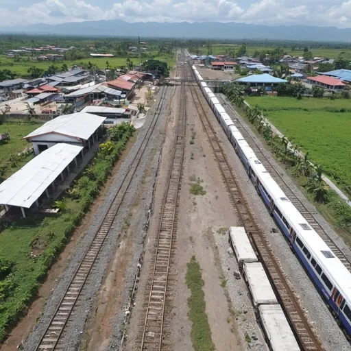 Prompt: Bird’s eye view of Macaluc Station at Minalin Pampanga along the north western main line circa August 2023