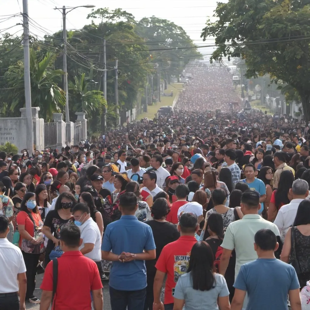 Prompt: Crowds of People entering at the entrance of the manila west cemetery marikina city during dia de Los muertos circa November 2 2023