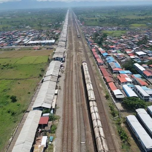 Prompt: Bird’s eye view of Apalit Station at Apalit Pampanga along the north western main line circa August 2023