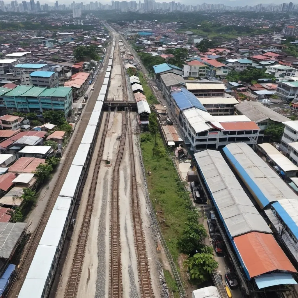 Prompt: Bird’s eye view of Governor Pascual Station at Malabon city metro Manila along the north western main line circa August 2023