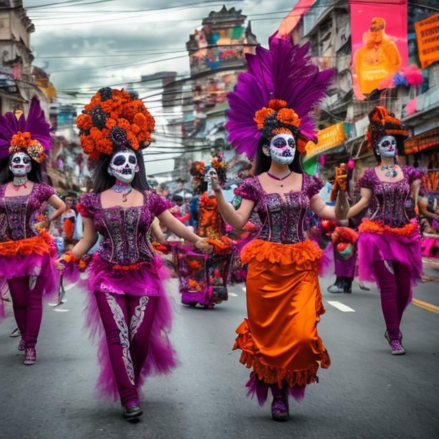 Prompt:  Dia de Los muertos parade along recto avenue quiapo manila circa November 2 2023