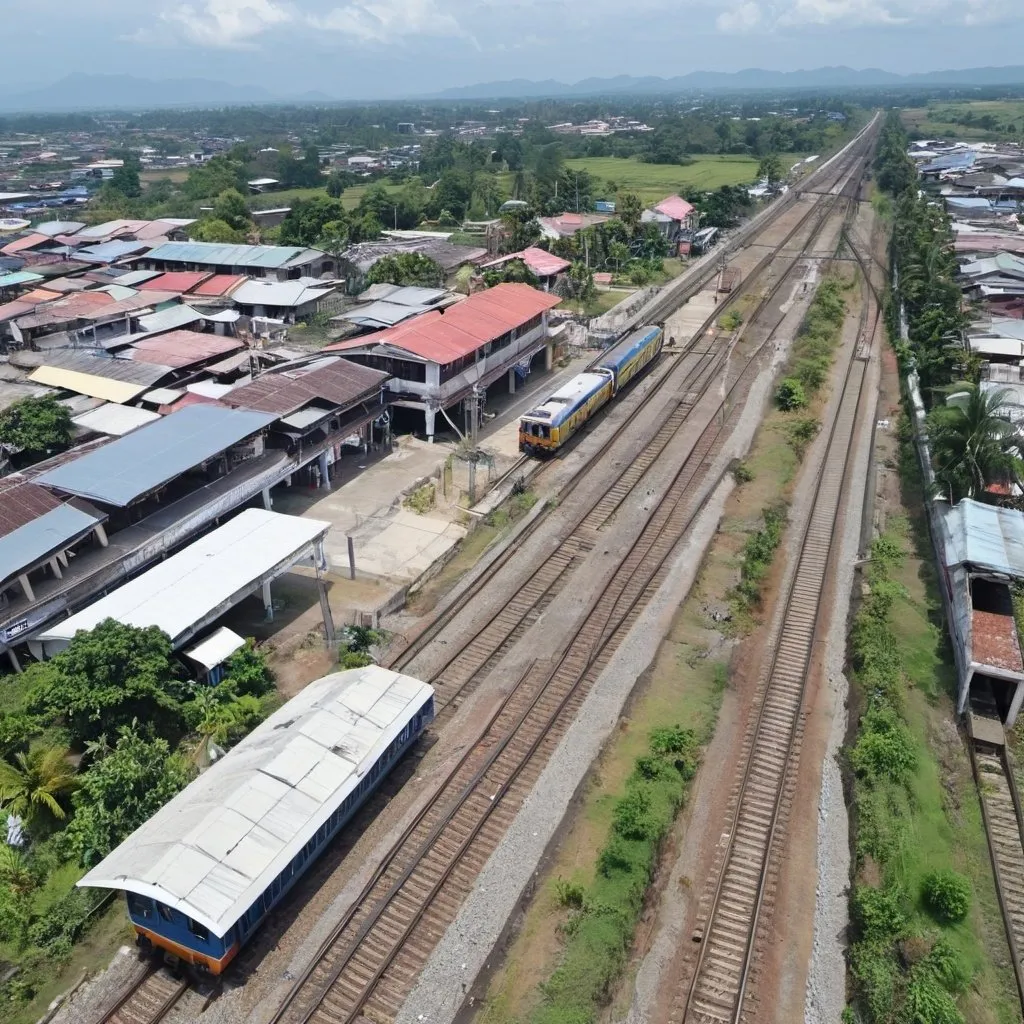 Prompt: Bird’s eye view of Calumpit North Station at Calumpit Bulacan along the north western main line circa August 2023