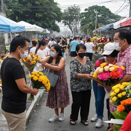 Prompt: People buying flowers from flowershops at the entrance of the manila west cemetery marikina city during dia de Los muertos circa November 2 2023