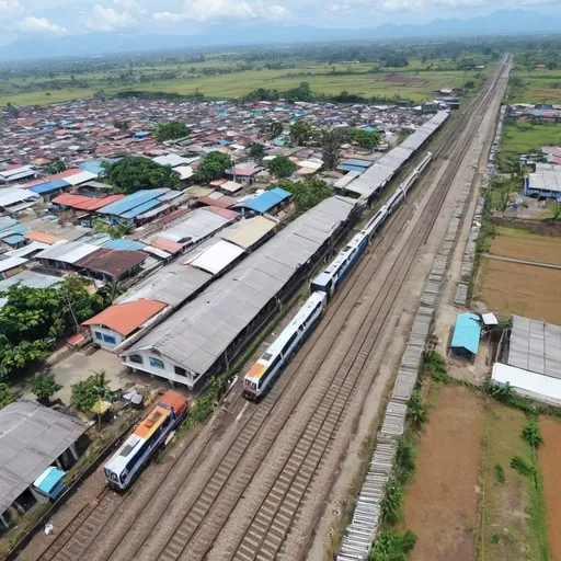 Prompt: Bird’s eye view of Dakila Station at Malolos city Bulacan along the north western main line circa August 2023