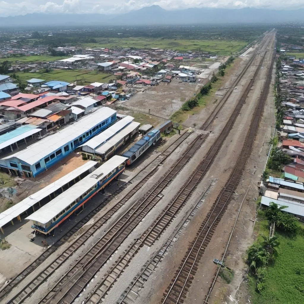 Prompt: Bird’s eye view of Sulipan Station at Apalit Pampanga along the north western main line circa August 2023