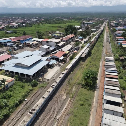 Prompt: Bird’s eye view of Lolomboy Station at Bocaue Bulacan along the north western main line circa August 2023