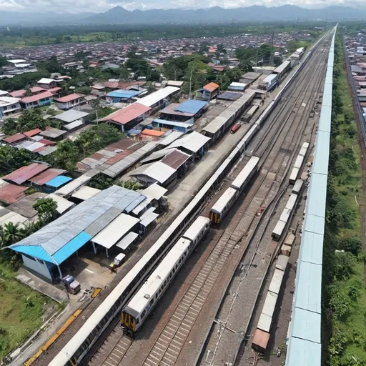 Prompt: Bird’s eye view of Bocaue Station at Bocaue Bulacan along the north western main line circa August 2023