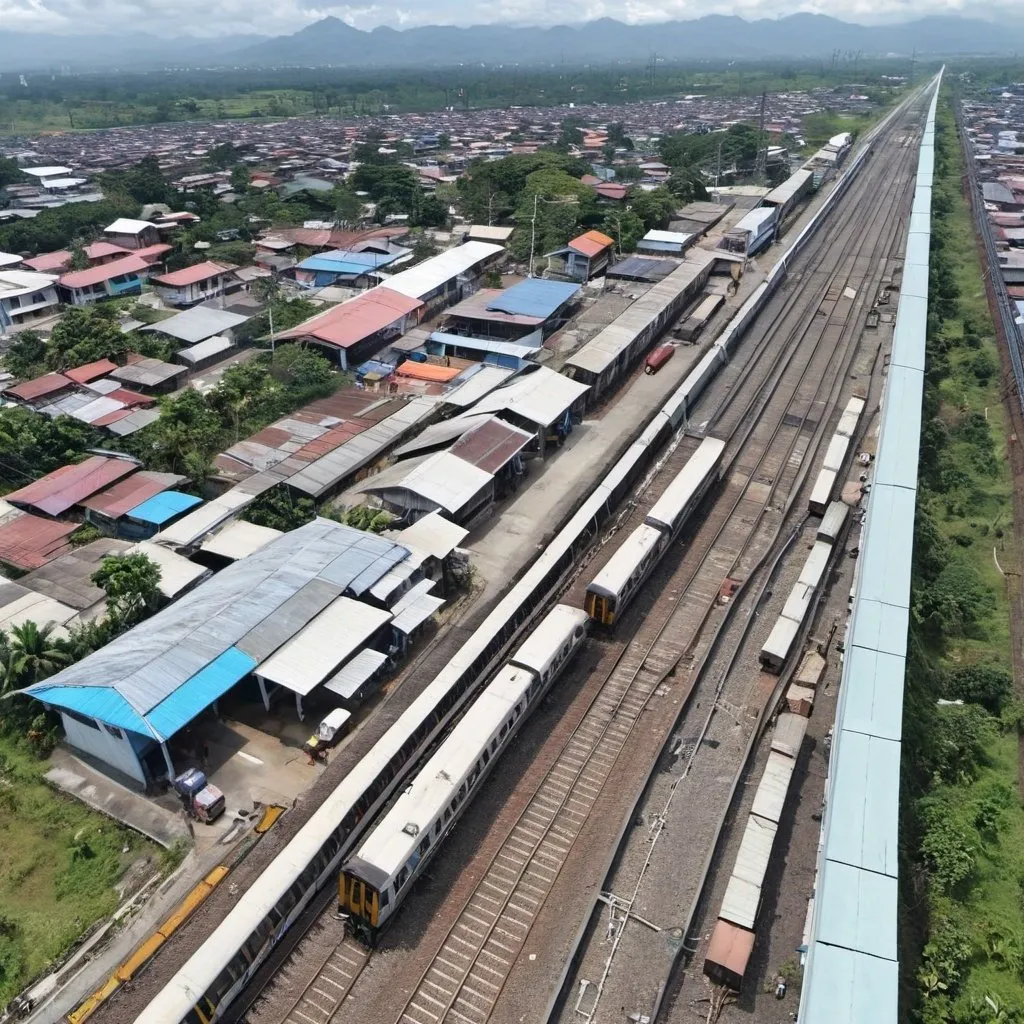 Prompt: Bird’s eye view of Bocaue Station at Bocaue Bulacan along the north western main line circa August 2023