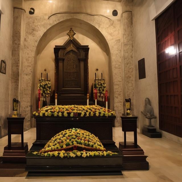 Prompt: Tomb of archbishop Jaime Sin at The archbishops crypt under the manila cathedral intramuros manila during Todos Los Santos circa November 1 2023