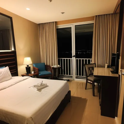 Prompt: Hotel room at resort at night in Subic circa April 2021