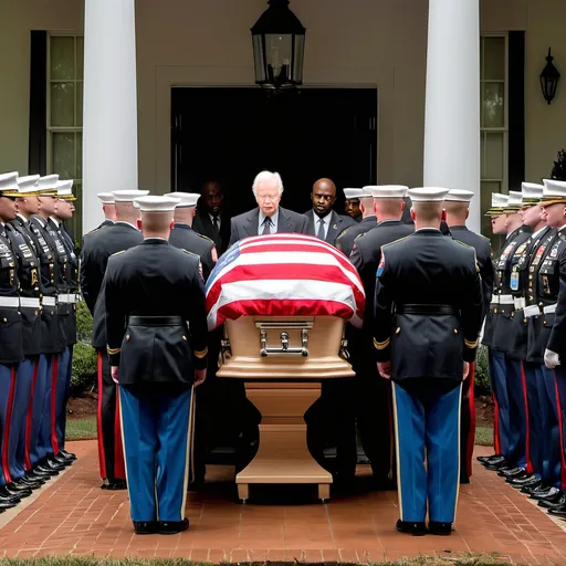 Prompt: Casket of former president jimmy carter laying in repose at his home in plains georgia on jan 2 2025 surrounded by vigil guards from the us army