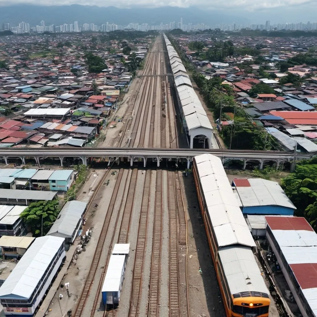 Prompt: Bird’s eye view of Asistio street Station at Caloocan city metro Manila along the north western main line circa August 2023