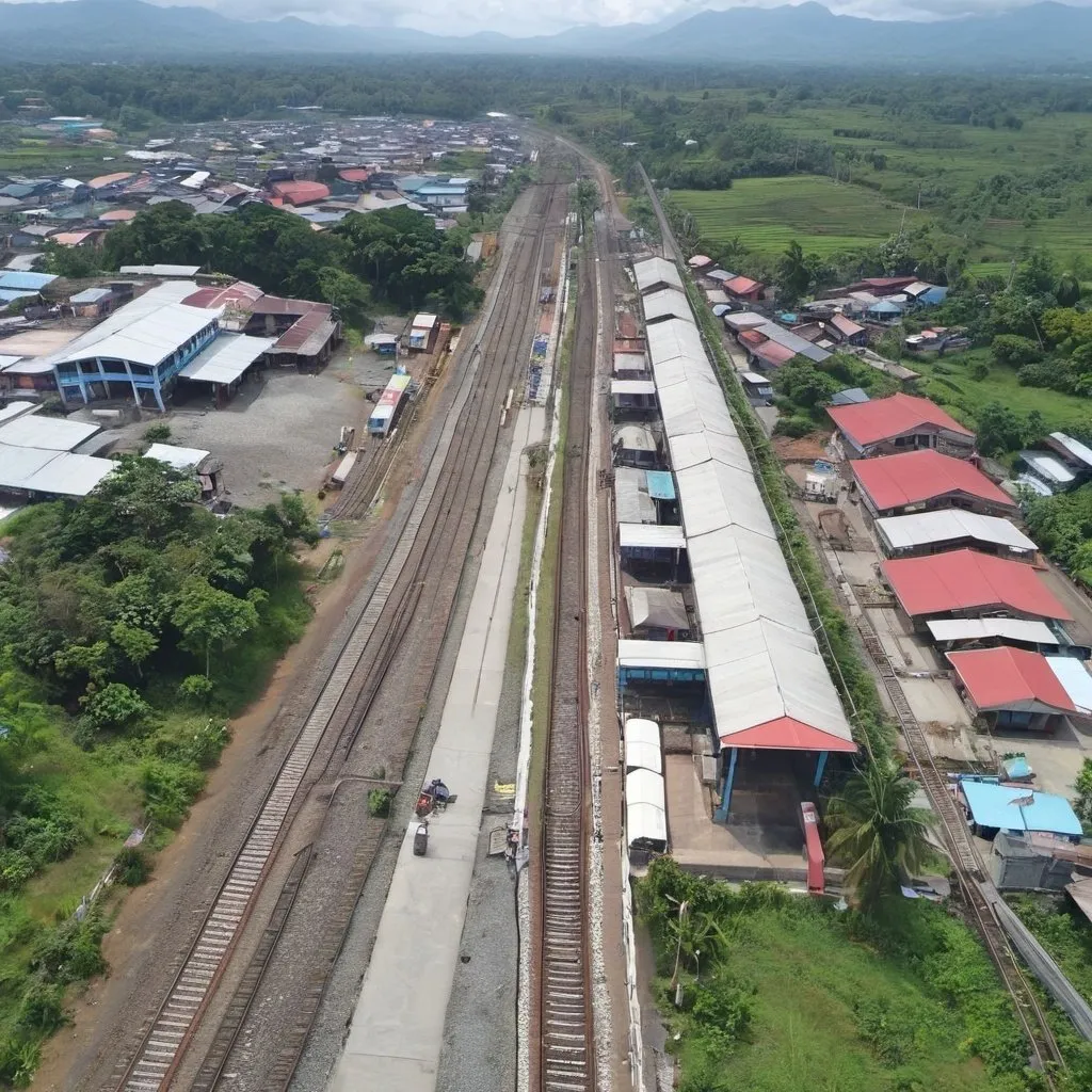 Prompt: Bird’s eye view of Balagtas Station at Balagtas Bulacan along the north western main line circa August 2023