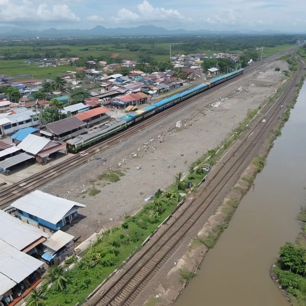 Prompt: Bird’s eye view of Calumpit Station at Calumpit Bulacan along the north western main line circa August 2023