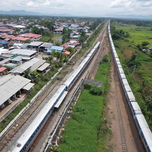 Prompt: Bird’s eye view of Tuktukan Station at Guiguinto Bulacan along the north western main line circa August 2023