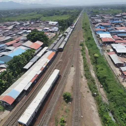 Prompt: Bird’s eye view of Bagbag Station at Calumpit Bulacan along the north western main line circa August 2023