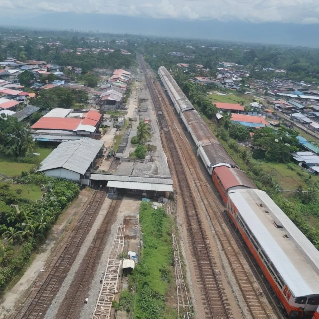 Prompt: Bird’s eye view of Guiguinto Station at Guiguinto Bulacan along the north western main line circa August 2023