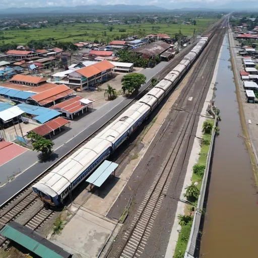 Prompt: Bird’s eye view of Malolos south Station at Malolos city Bulacan along the north western main line circa August 2023