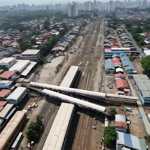 Prompt: Bird’s eye view of 5th avenue Station at Caloocan city metro Manila along the north western main line circa August 2023