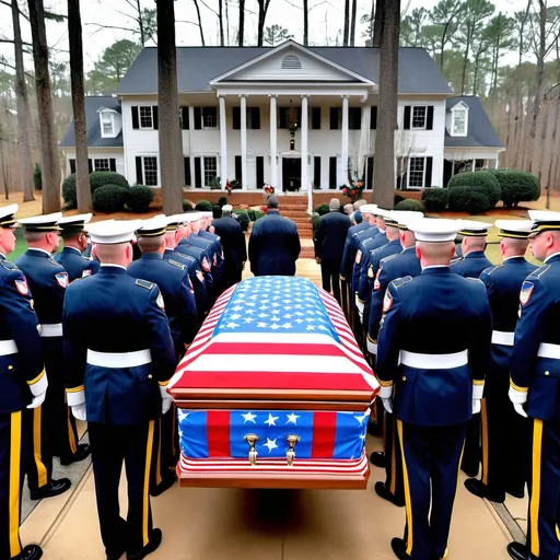 Prompt: Casket of former president jimmy carter laying in repose at his home in plains georgia on jan 1 2025 surrounded by vigil guards from the us army