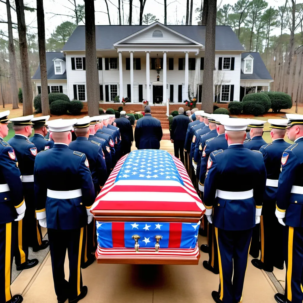 Prompt: Casket of former president jimmy carter laying in repose at his home in plains georgia on jan 1 2025 surrounded by vigil guards from the us army