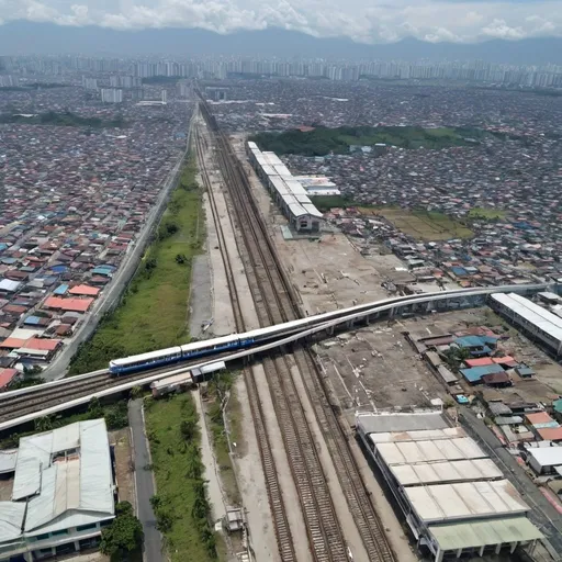 Prompt: Bird’s eye view of Malinta Station at Valenzuela city metro Manila along the north western main line circa August 2023