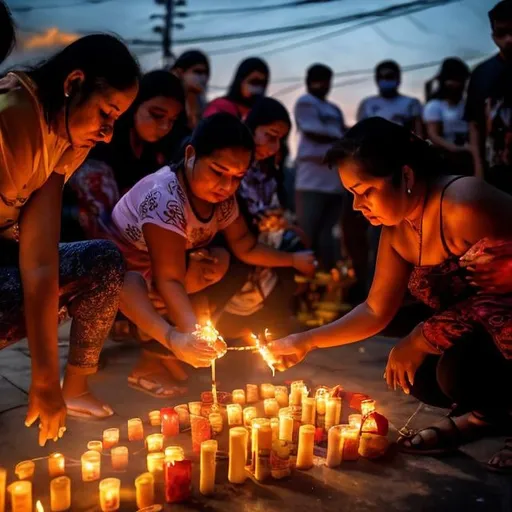 Prompt:  People lighting candles outside of San Isidro church marikina city during the continuous masses of dias de Los muertos at dawn circa November 2 2023