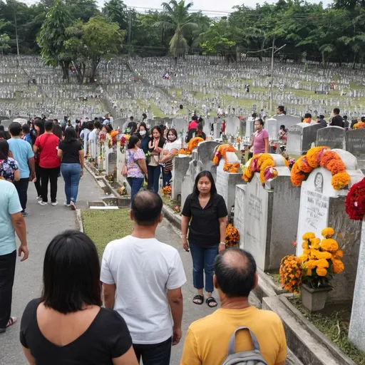 Prompt: People visiting their loved ones at the manila west cemetery marikina city during dia de Los muertos circa November 2 2023