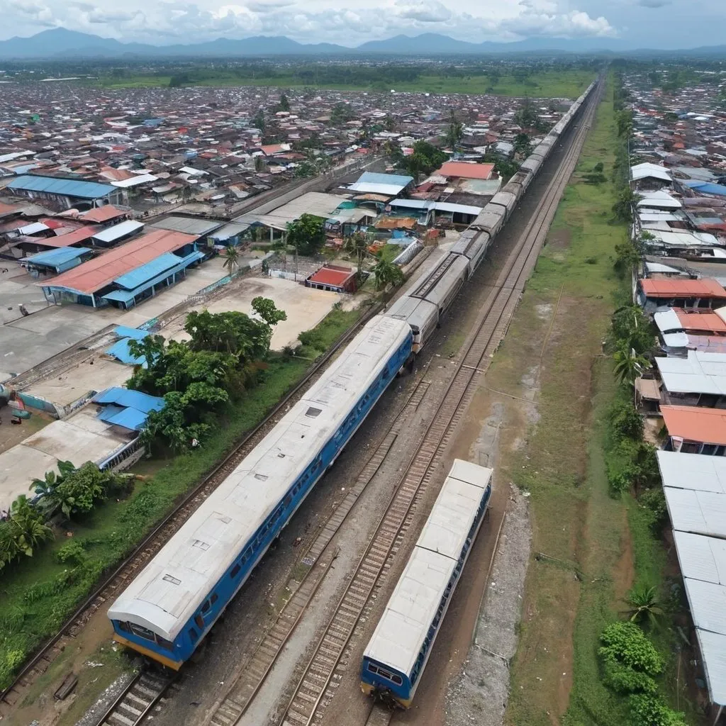 Prompt: Bird’s eye view of Longos Station at Malolos city Bulacan along the north western main line circa August 2023