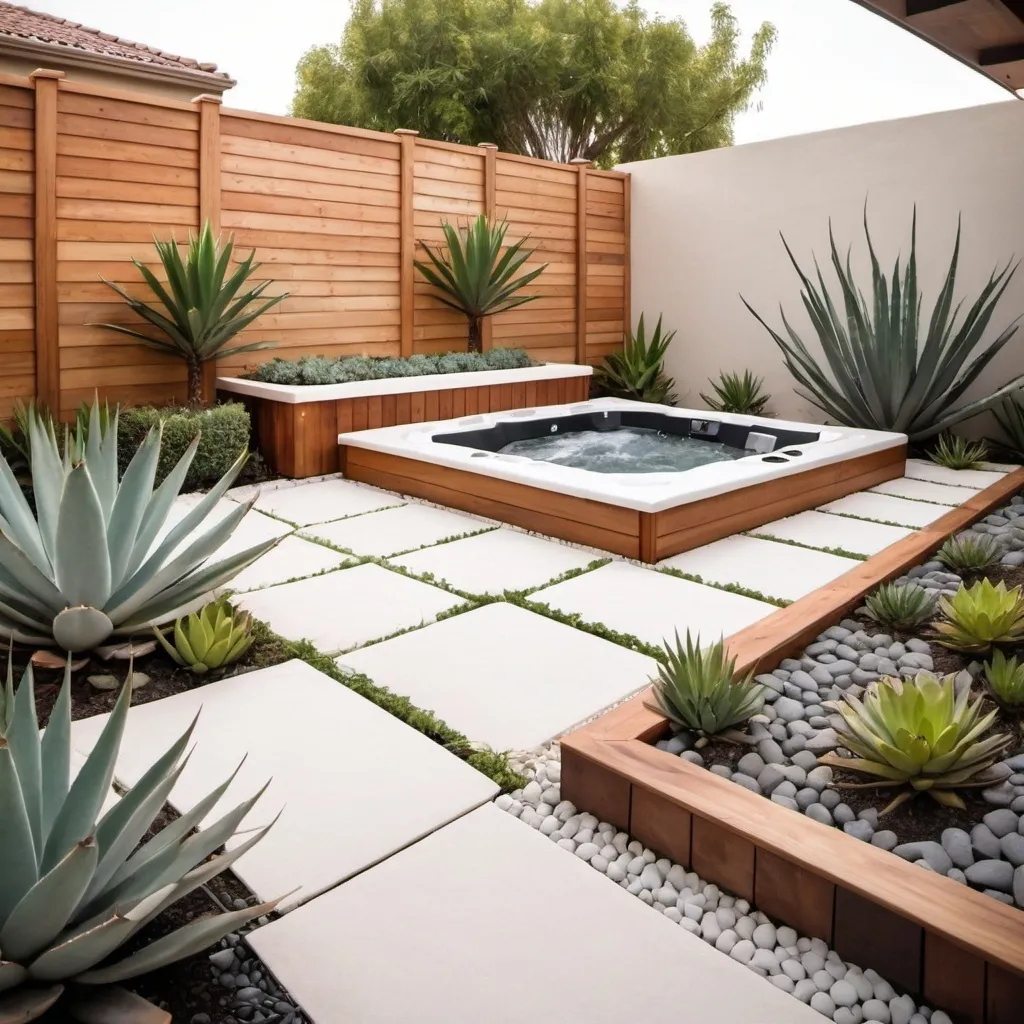 Prompt: Rectangular garden with wooden deck and built in jacuzzi along the back fence. white pavers with tan pebbles leading up to the jacuzzi. Along side fences planters with agave 
