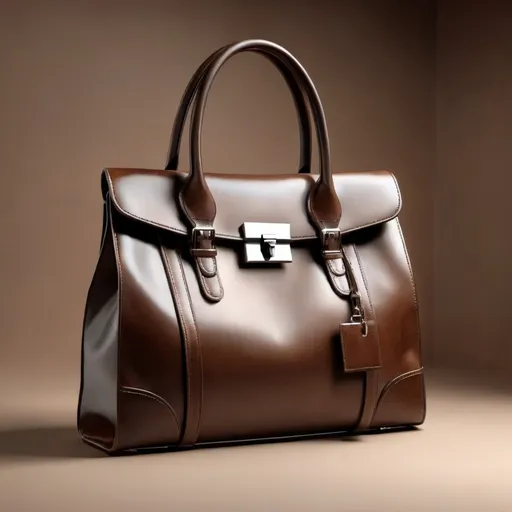 Prompt: A photorealistic image of women brown leather fabric bag.
In chic style, should have a door with silver lock. 
Simple and elegant without any extra details in handle.
The fabric texture should be highly detailed, capturing the unique sheen and texture of leather.
The bag shape should be simple and practical for daily work and recognisable with elements like a zipper, lock made from the metal and the bag should have the square shaped. The background should be neutral to emphasis the leather bag.