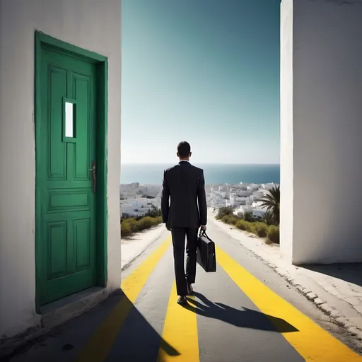 Prompt: Businessman walking on long road, door shaped as number one, tangier view, professional poster, personal branding, white and black principles colors plus some green, yellow, blue just in details , , detailed suit, urban landscape, high quality, professional, modern and creative design simple as well, atmospheric lighting